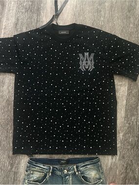AMIRI Men’s Large Black T-Shirt with Crystal Dot Motif and Logo
